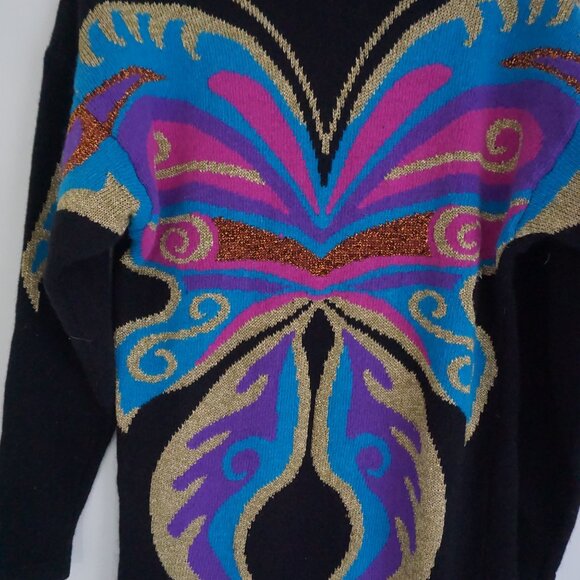 VTG Outlander Black Abstract Knit Dress Wool Boho Artwear Statement Metallic S - Picture 4 of 13